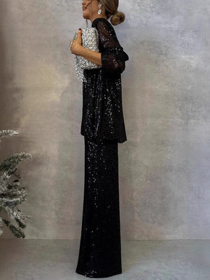 Sequins Small Suit High Waist Casual Straight Leg Pants 2-piece Sets
