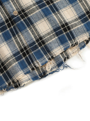 Contrasting Colors Plaid Loose Lapel Raw Edge Buttons Long-sleeved Shirt