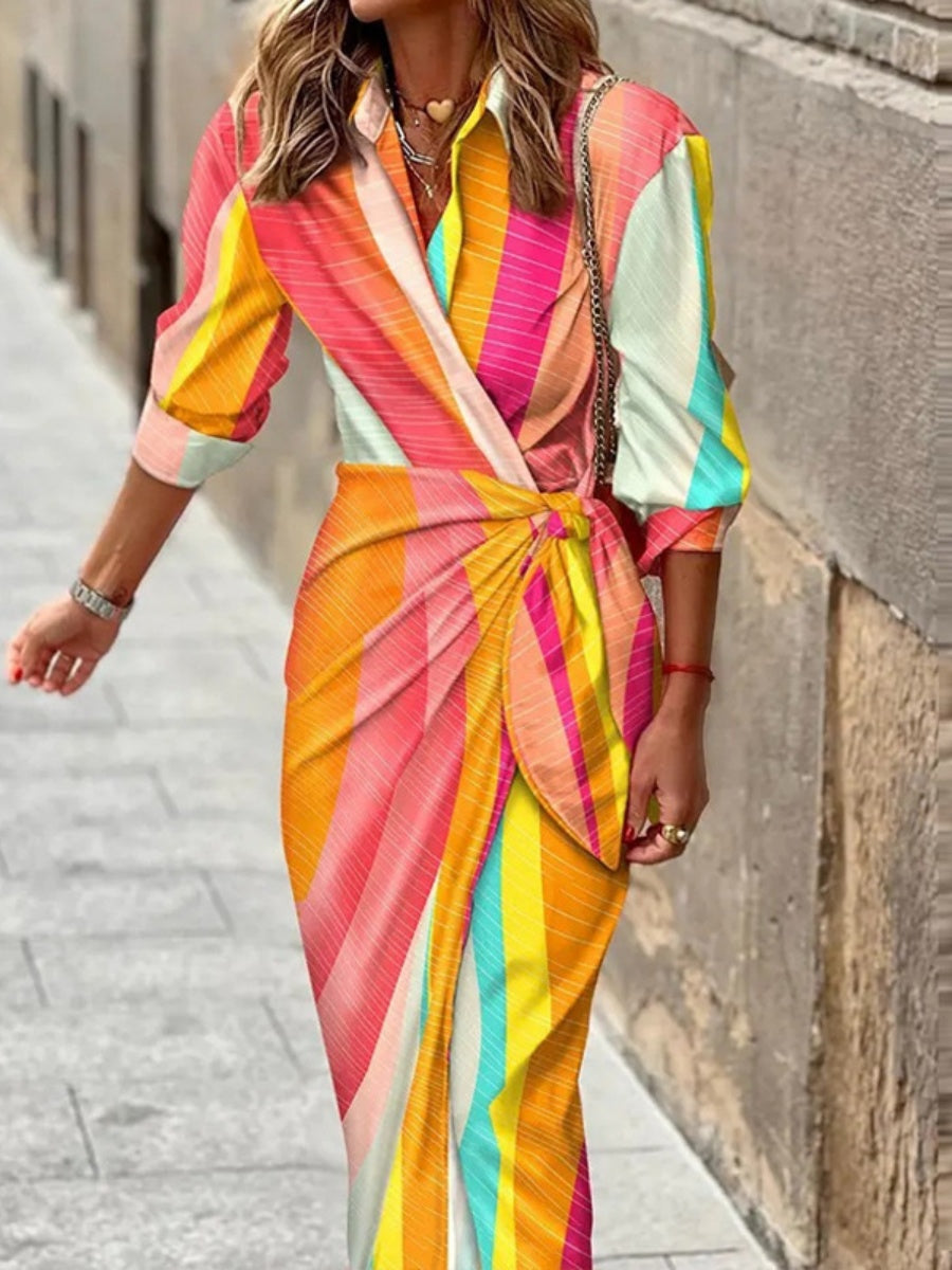 Wrap-up Shirt Collar Lace Up Printed Maxi Dresses