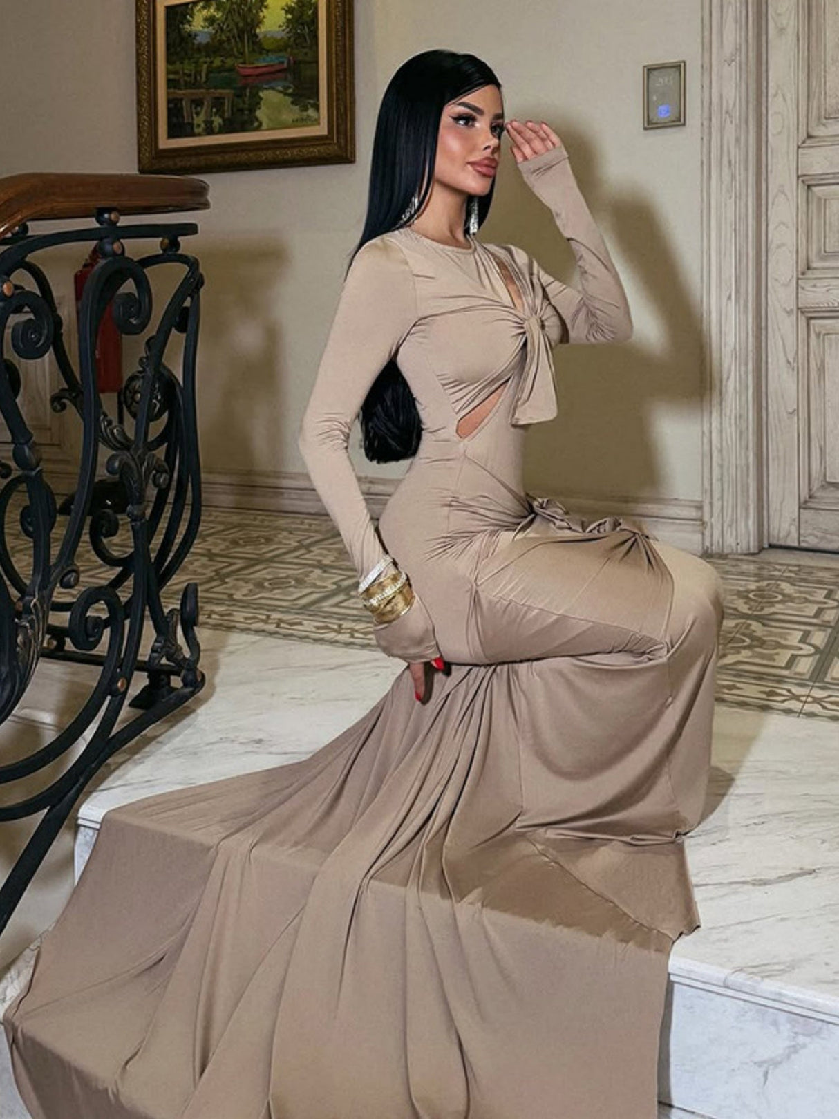 Backless Hollow Long Sleeve Solid Color Temperament Dress Sexy Slim Long Dress