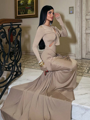 Backless Hollow Long Sleeve Solid Color Temperament Dress Sexy Slim Long Dress