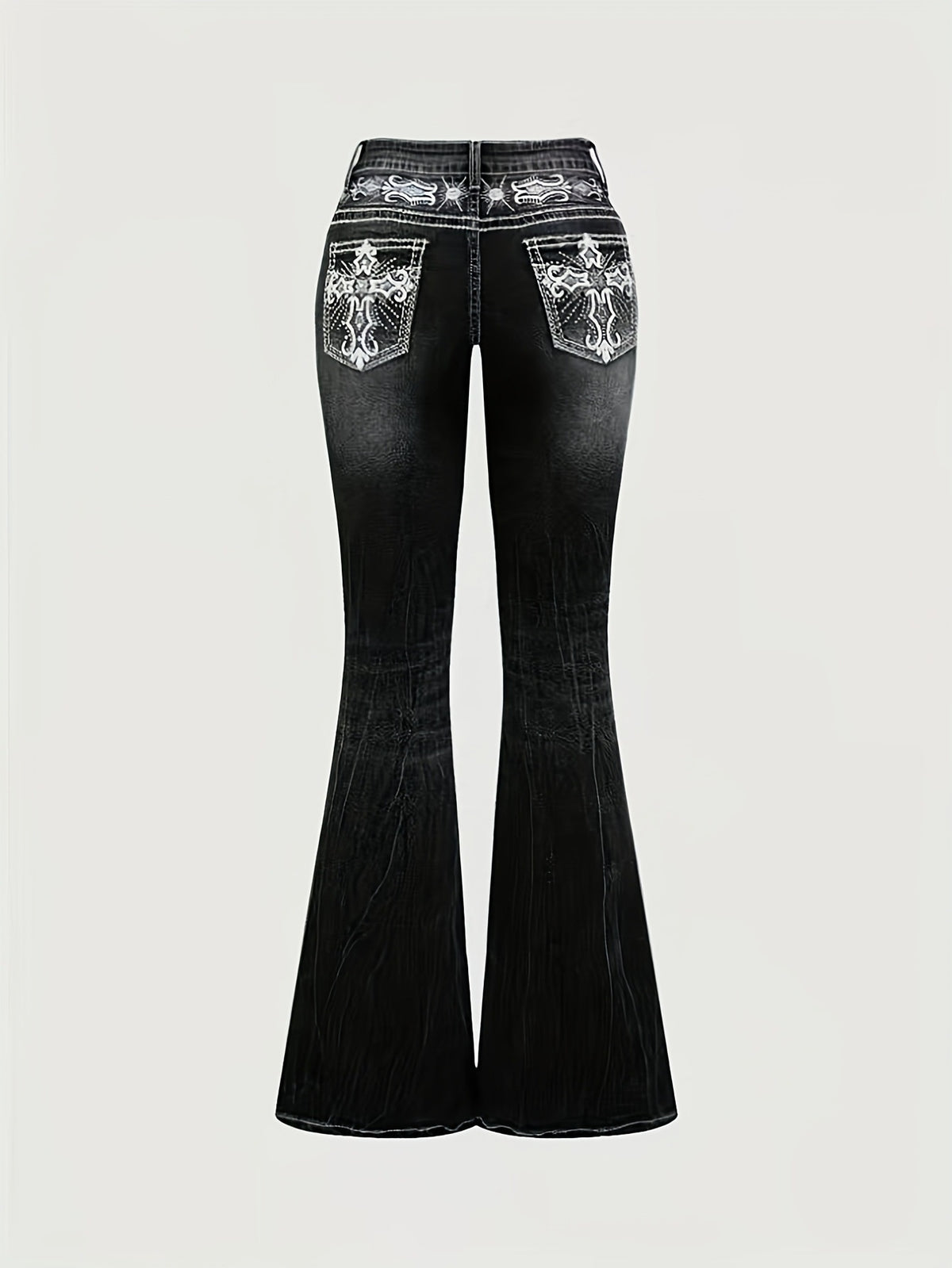 Women's Autumn/Winter Dark Washed Embroidered Rhinestone Flare Jeans