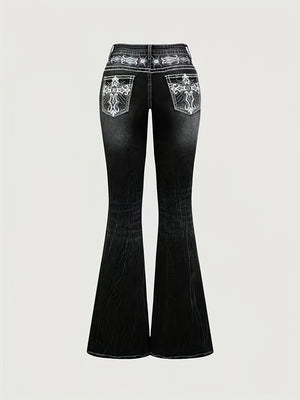 Women's Autumn/Winter Dark Washed Embroidered Rhinestone Flare Jeans