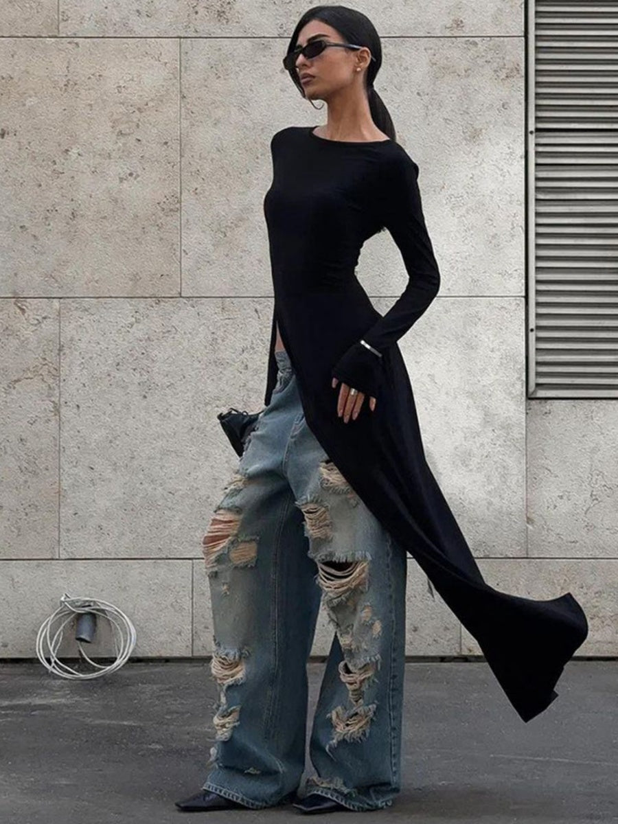 Liber Autumn Women's Slit Solid Color Jeans