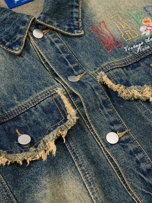 Washing Colorful Letter Embroidery Loose Denim Jacket