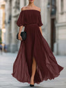 Off Shoulder Elegant Pleats Solid Color Slit Maxi Dresses