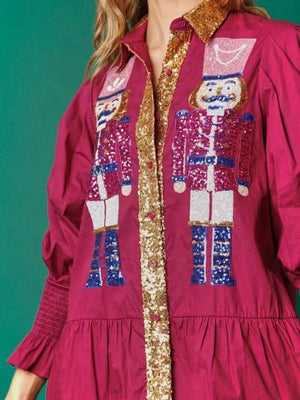 Christmas Sequined Nutcracker Soldier Contrast Color Long Sleeve Lapel Dress
