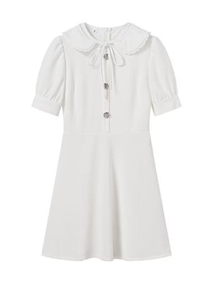 Color-blocked Detachable Peter Pan Collar Buttons Short Sleeves Mini&Short Dresses