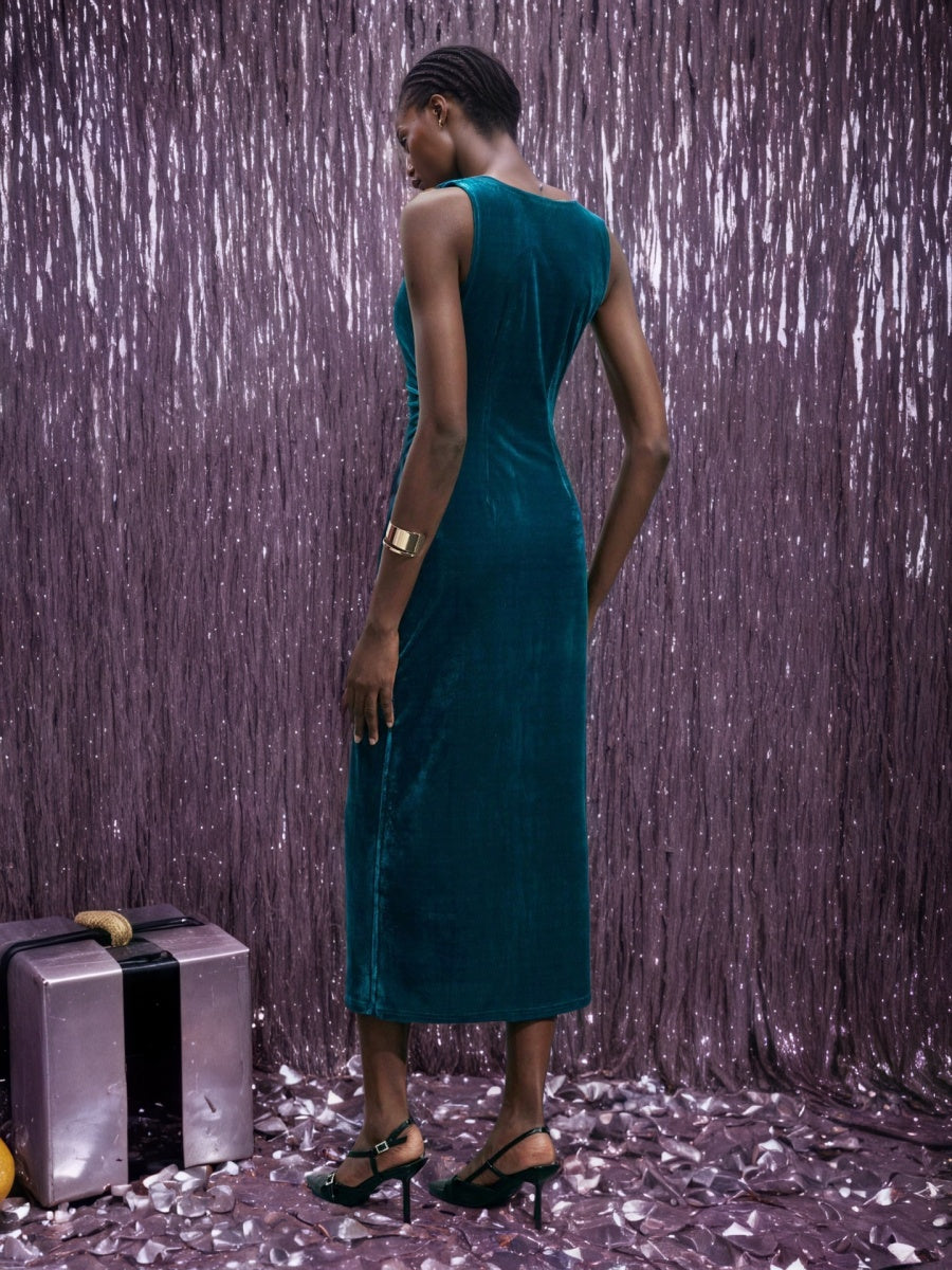 Sleeveless With Slit Draped Collar Velvet Grace Formal Cocktail Midi Dress