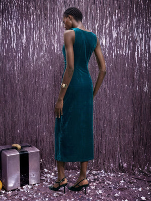 Sleeveless With Slit Draped Collar Velvet Grace Formal Cocktail Midi Dress