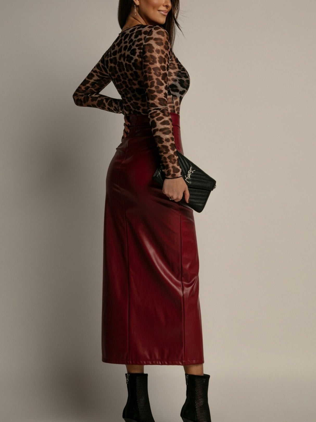 Leather Stitching High-waisted Side Slit Long Skirts