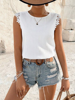 Lace And Openwork Strappy Backless Round Neck Sleeveless Tank Tops