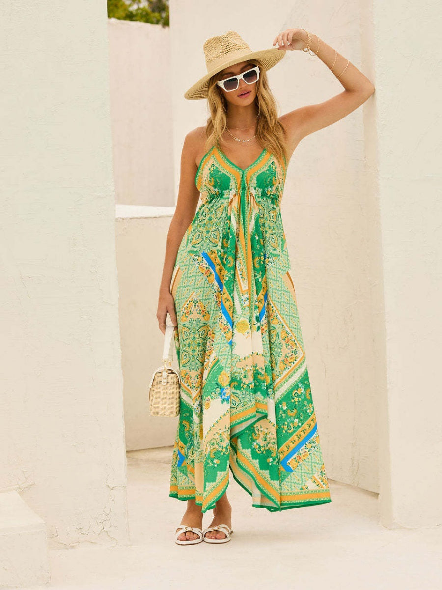 Ethnic-style Printed Off-shoulder V-neck Spaghetti Strap Long Dress