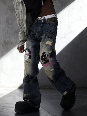 Face Graffiti Loose-fit Distressed Washed Fake Hole Jeans