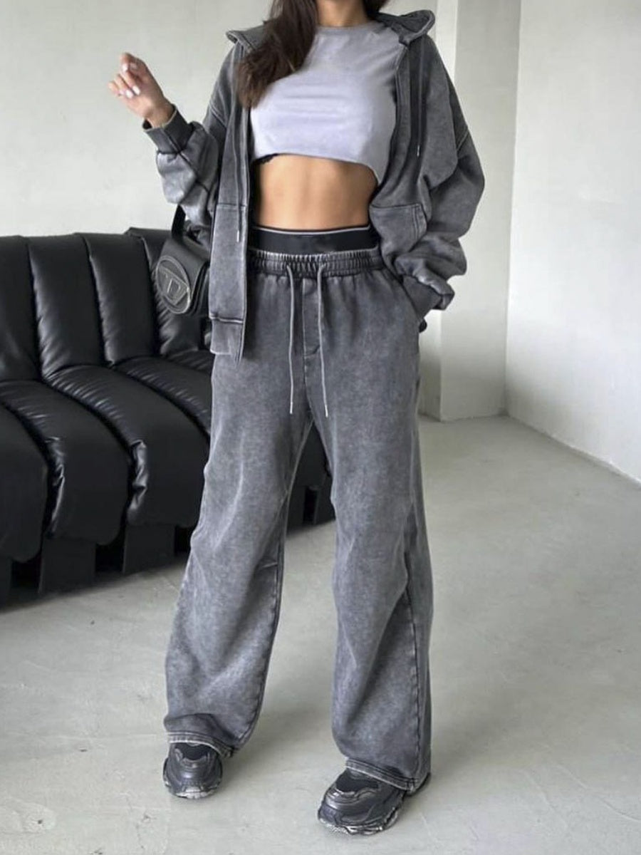 Liber Autumn women's distressed clothing Lace-up washed straight-leg trousers