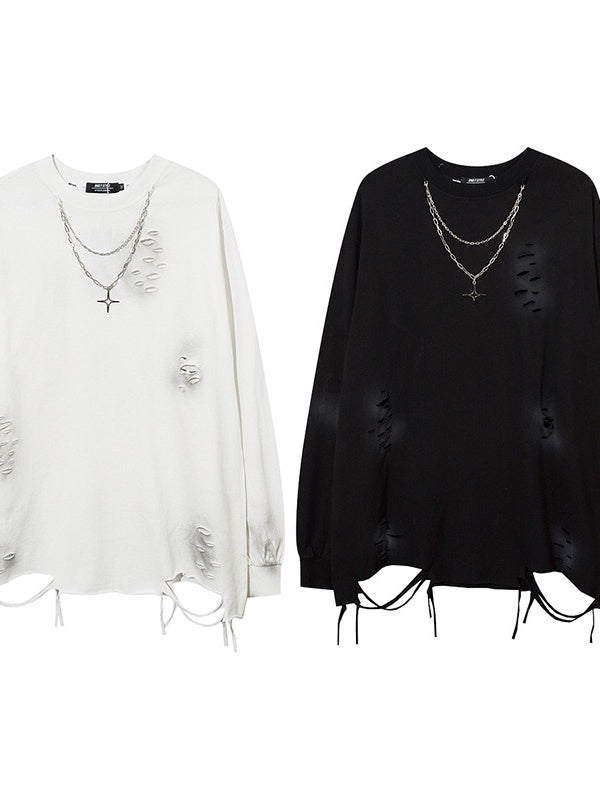 Solid Color Hole Necklaces Oversie Hip Hop Long-sleeved T-shirt