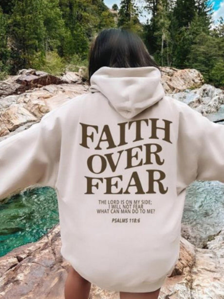 Long Sleeve Leisure Faith Over Fear Print Hoodies
