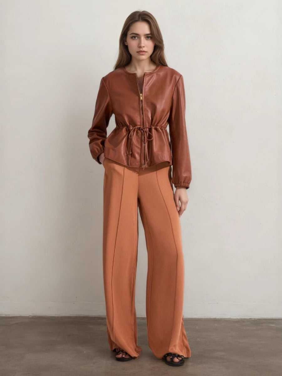 Liber Autumn women's pu leather lace-up pleated zipper jacket