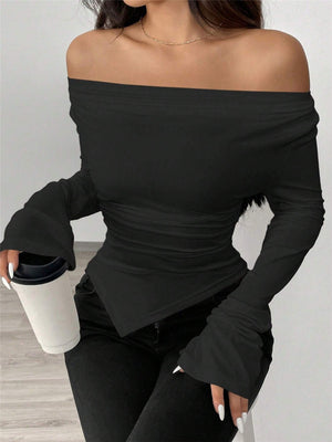 V-neck, Off-shoulder, Two-way Design, Slim Fit, Pleated, Irregular Long-sleeved T-shirt
