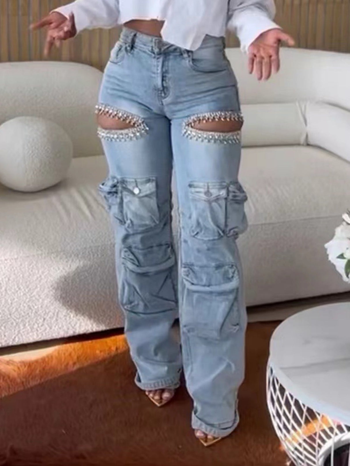 Y4K Rhinestone-studded Hole Multiple Pockets Wash Water Jeans
