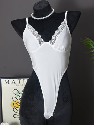 Lace Trim High Elasticity In Crotch Hollow-out High Waist Bodysuits