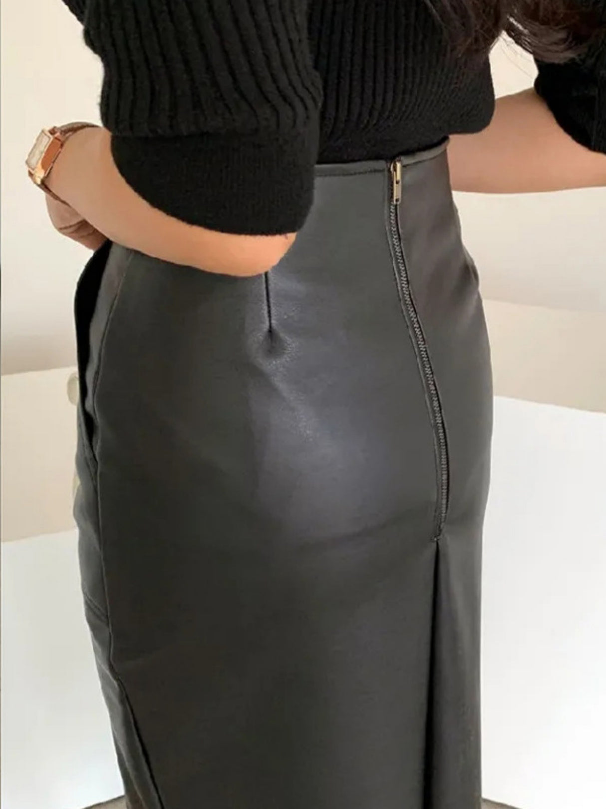 PU Leather Deep Fork Skirts