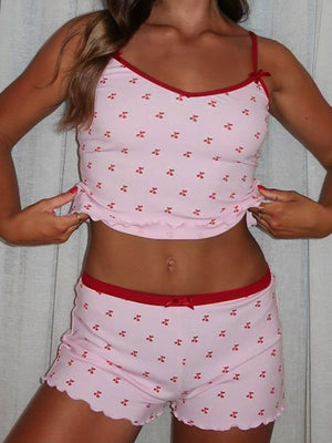 Cherry Print Suspender Shorts Pajama Set