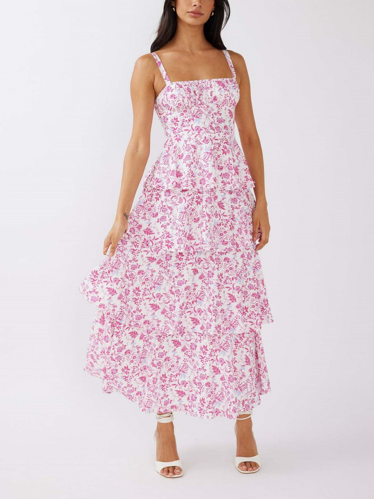 Floral Print Pleats On Suspenders Maxi Dresses