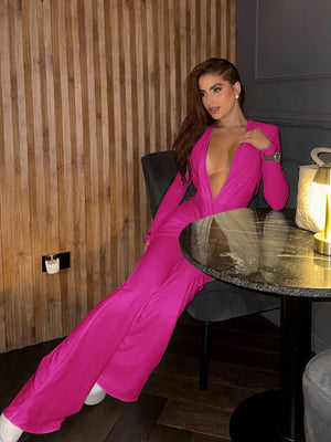 Deep V-neck Long-sleeved Fitted Flares Jumpsuits&Bodysuits