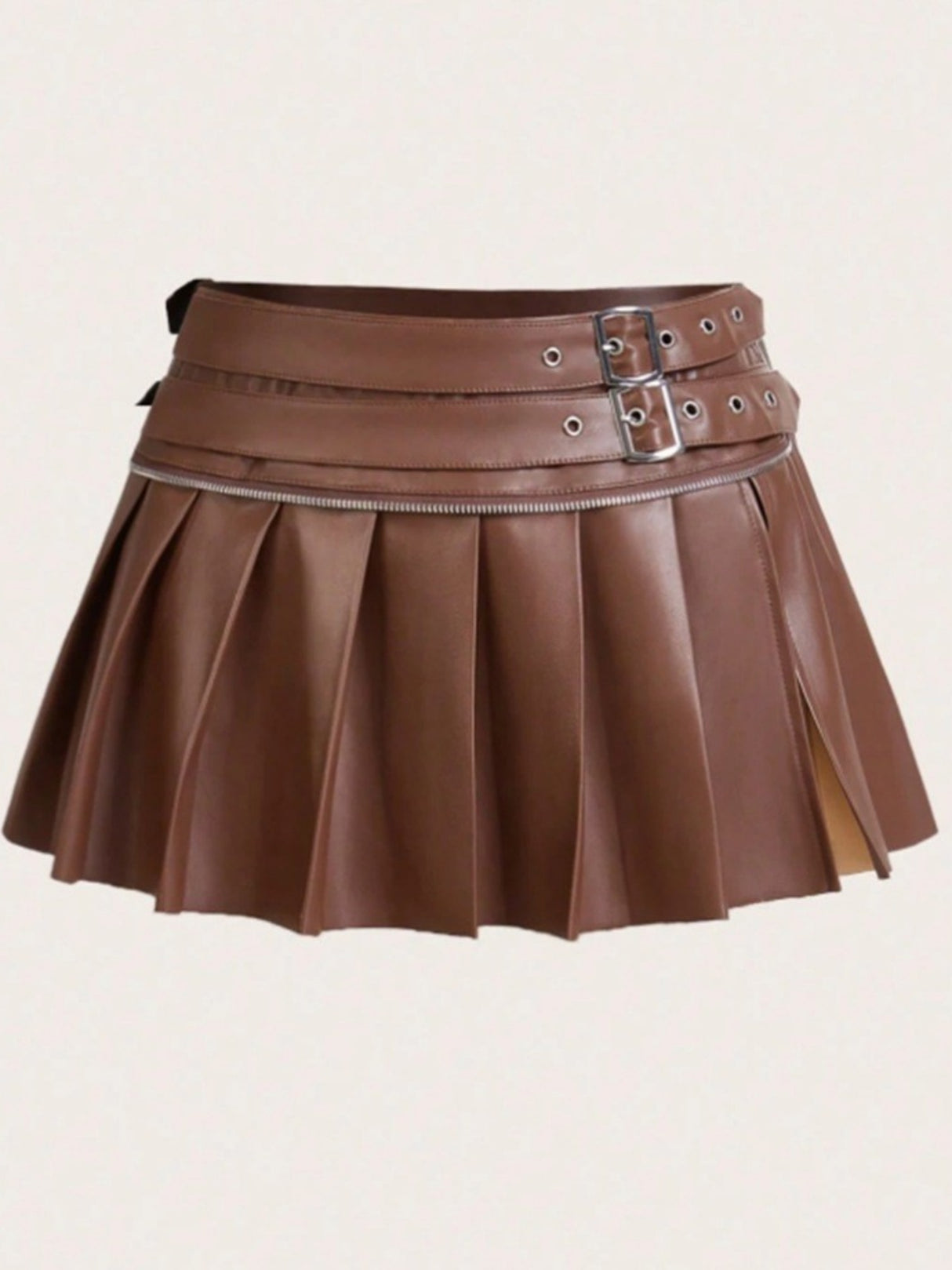 PU High-waisted Slit Belt Decoration Pleated Skirt