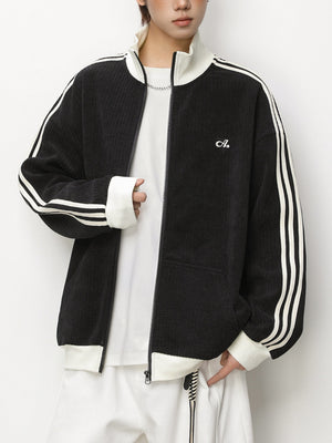 Color-blocked Vertical Stripe Loose-fit Cardigan Sweatshirt