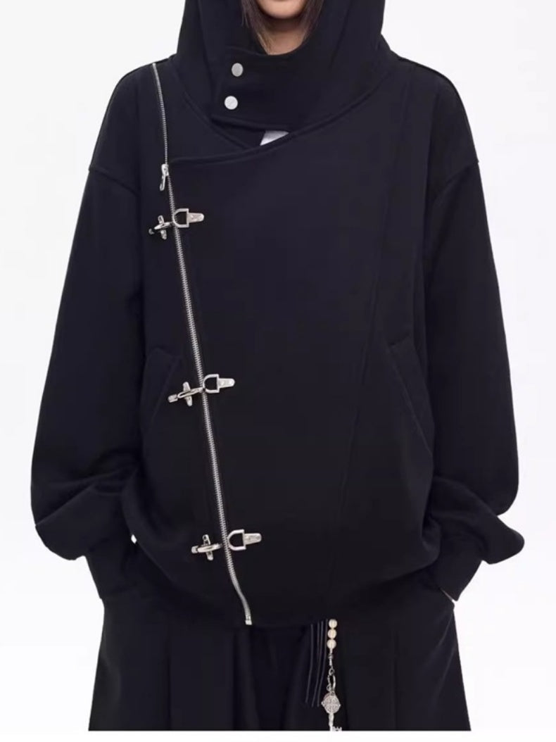 Diagonal Placket Airplane Buckle Hoodies