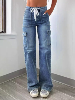 Leisure Lace Up Multiple Bags Straight Leg Jeans