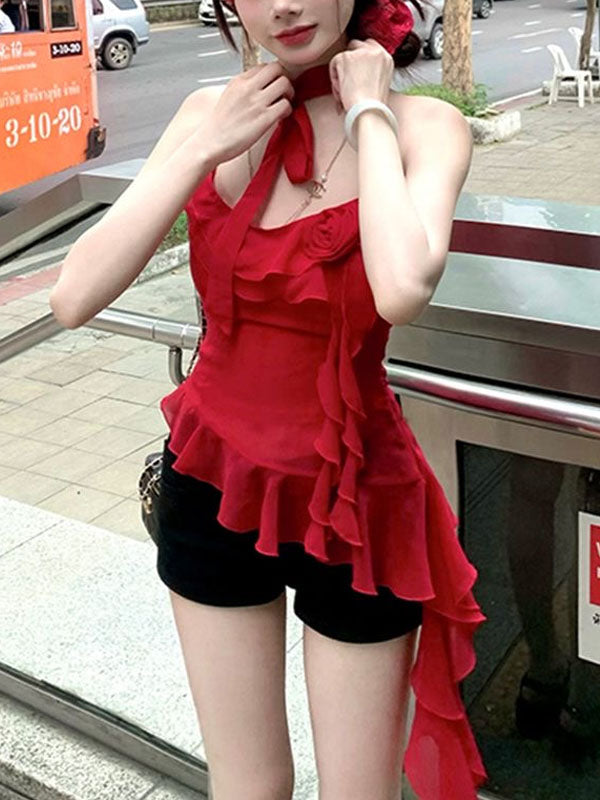 Liber Fall Women's Ruffled Halter Mesh Camisole
