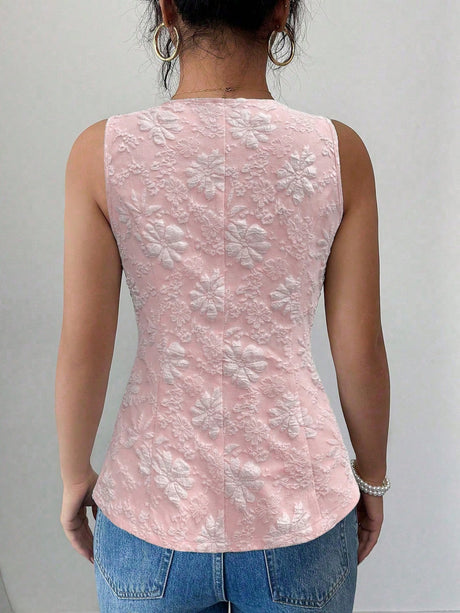 Jacquard Pearl Buttons V-neck Sleeveless Tank Tops&Camis