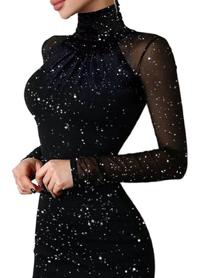 Robes courtes et mini à col montant en gaze imprimée à chaud