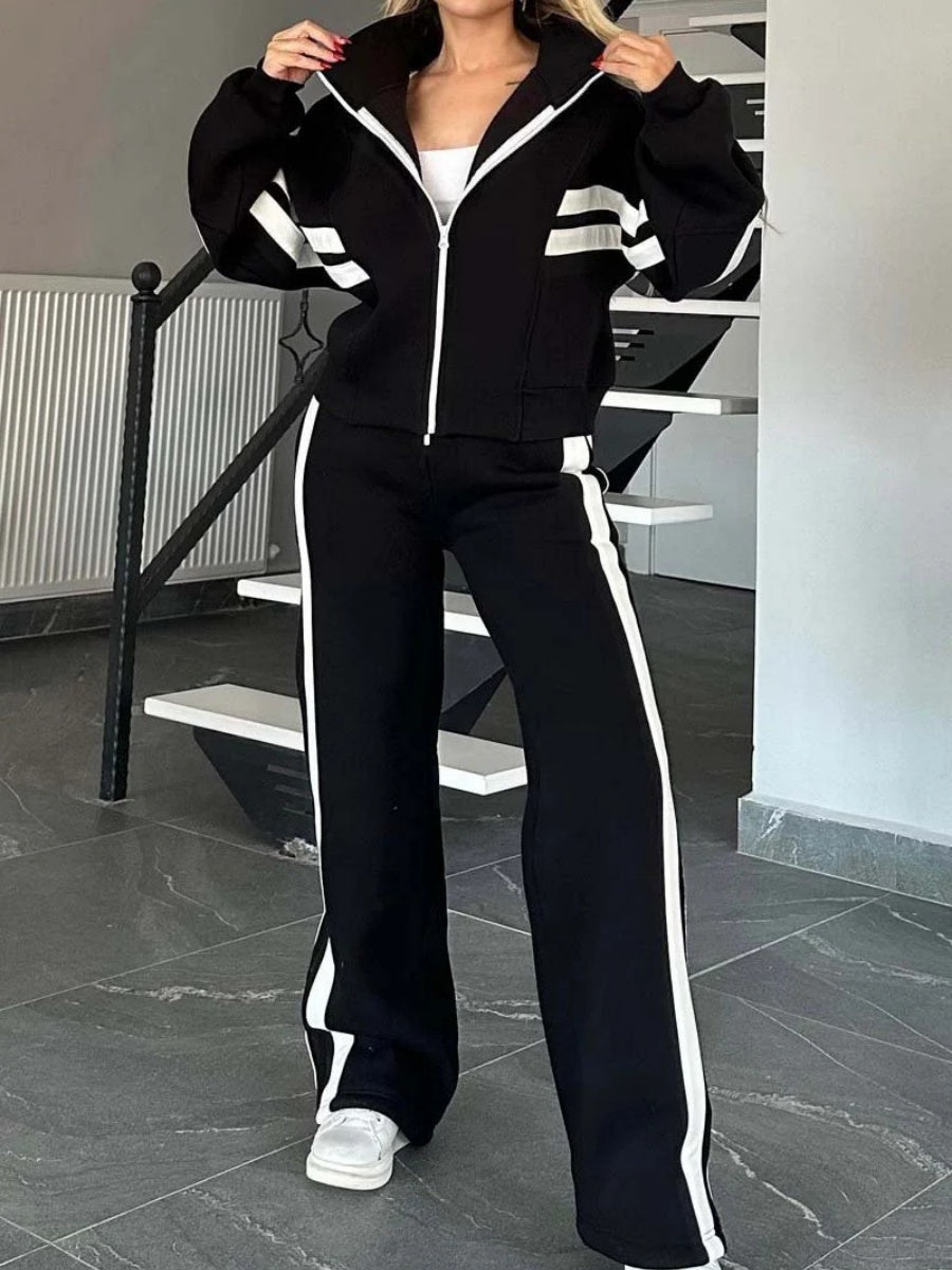 Stripes Zipper Top Wide-leg Pants Leisure Sports 2-piece Sets
