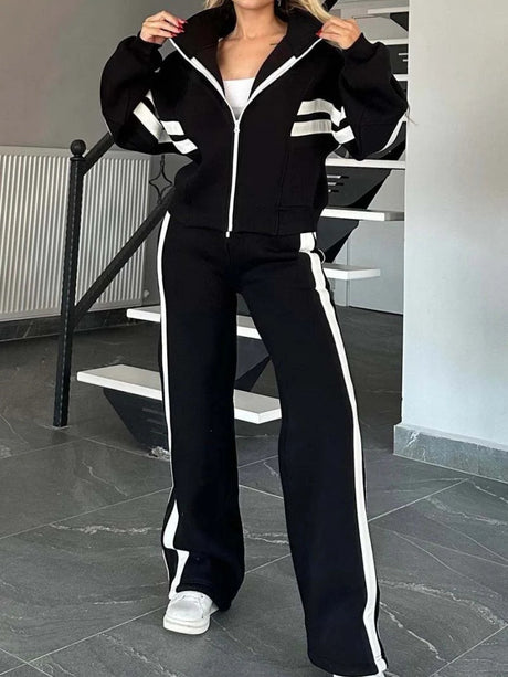 Stripes Zipper Top Wide-leg Pants Leisure Sports 2-piece Sets