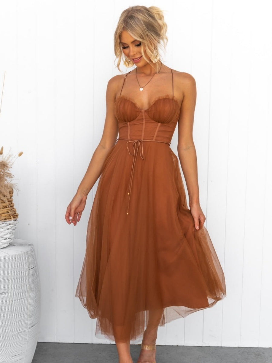 Mesh Lace Up Fishbone Camisoles Midi Dresses