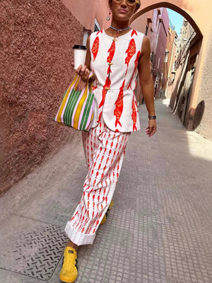 Buttons Fish-print Vest And Trousers Two-piece Set