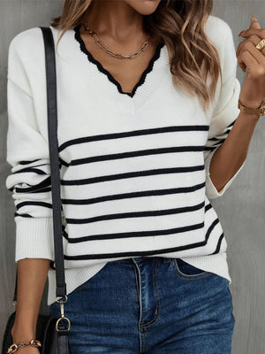 Stripes V-neck Color Matching Knitted Sweater