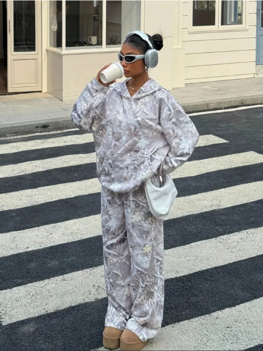 Street Style Camouflage Full Print Hooded Jacket Pants Loose Daily Casual Two-piece Set