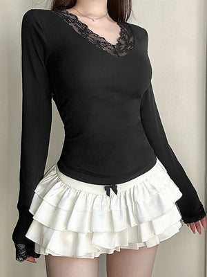 Lace Trim V-neck Long Sleeve Slimming Crop Top
