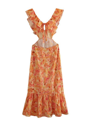 Floral Print Cutouts Revealing The Waist And Back V-neck Suspenders Maxi Dresses