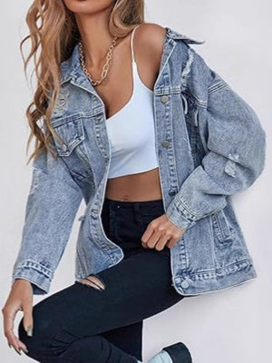 Loose-fitting Distressed Jeans Ripped Design Workwear Style Casual Jacket