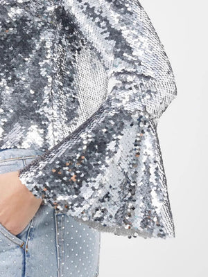 Silberne T-Shirts mit Rundhalsausschnitt, langen Ärmeln und kurzen ausgestellten Ärmeln