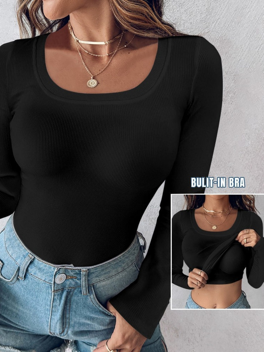 T-shirts à manches longues unis, col en U et soutien-gorge intégré