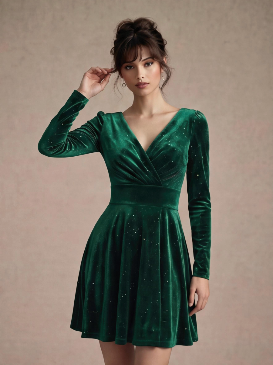 V-neck Solid Color Mini&Short Dresses