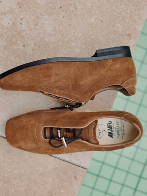 AKAIFU Suede Thin-soled Versatile Casual Vintage Square-toe Leather Shoes Drawstring Slip-on Shoes