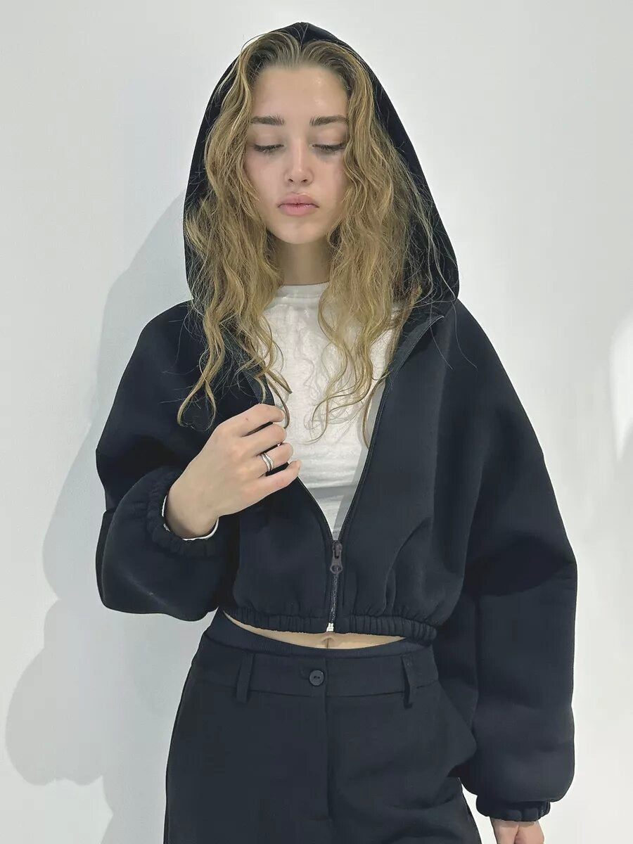 Liber Autumn women's clothing Drawstring Hooded Zippered solid color long-sleeved cardigan sweatshirt